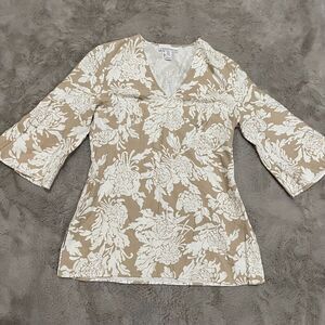 Silk Assets Women Floral Mini Dress L Beige White Bell Sleeve 70% Silk 30% Linen